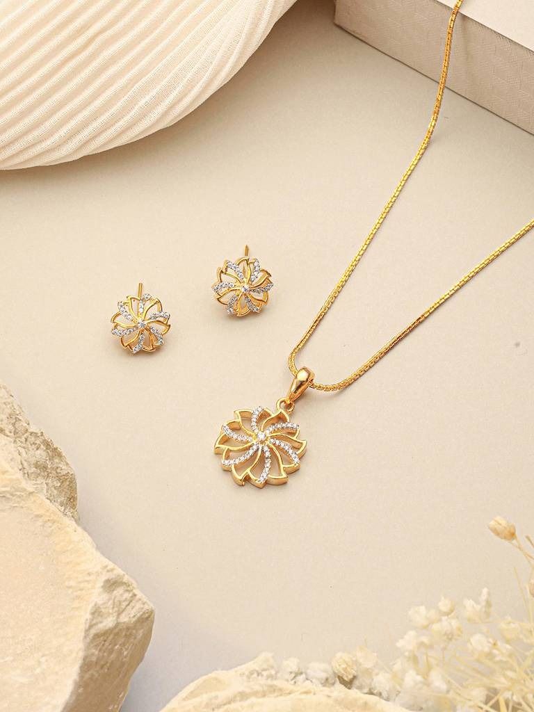 Pyarchand Jain Jeweller - Floral Crystal Gold Plated Pendant Set with Matching Earrings